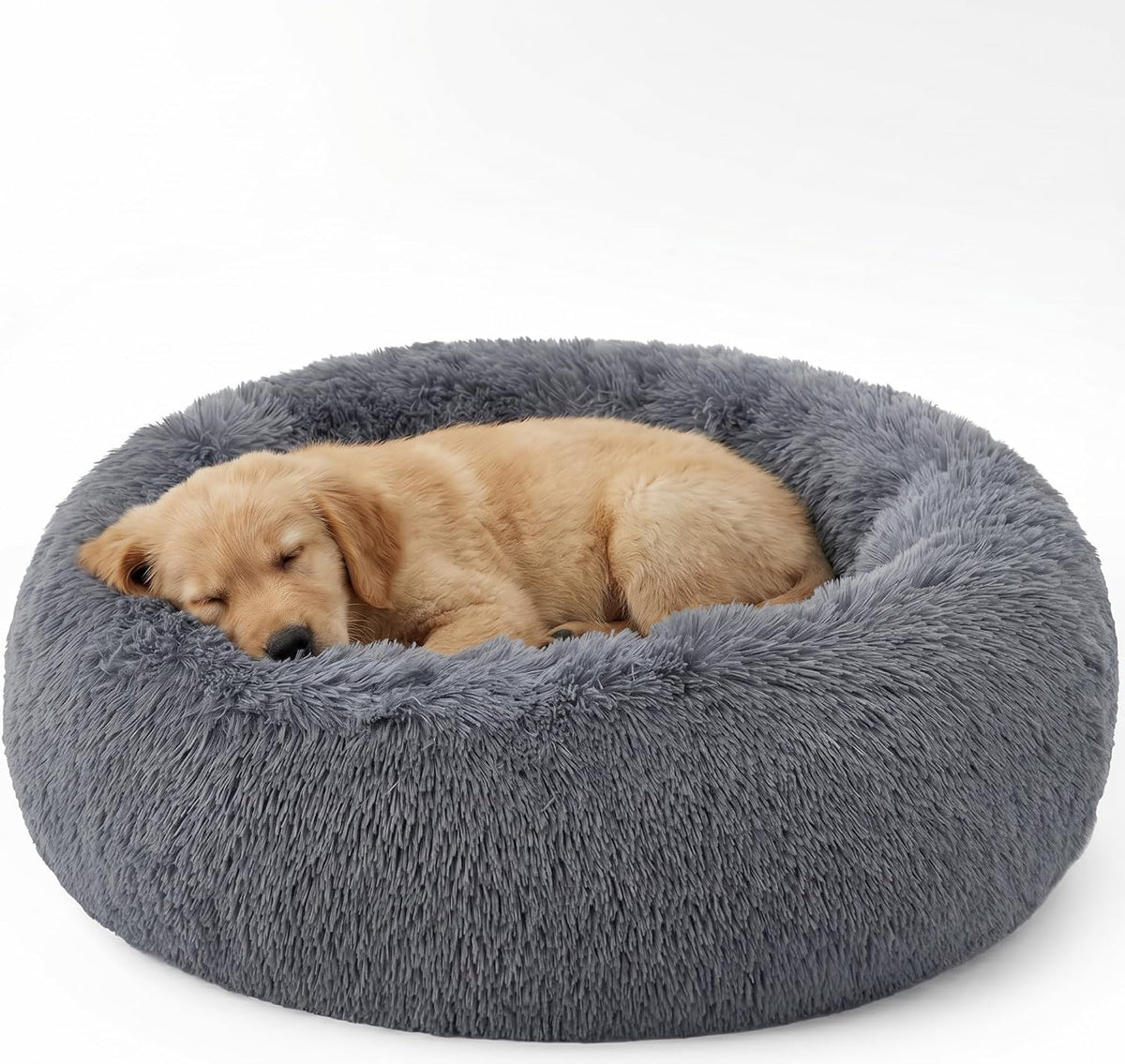30 inches Calming Donut Dog Bed - 3X Durable Plush Faux Fur, Machine Washable & Non-Slip, Fits up to 45 lbs, Dark Grey