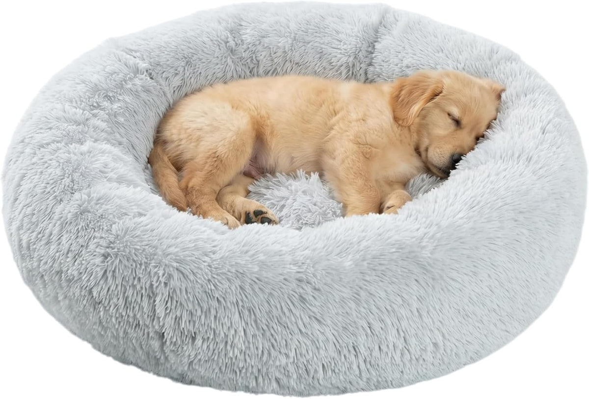 30 inches Calming Donut Dog Bed - 3X Durable Plush Faux Fur, Machine Washable & Non-Slip, Fits up to 45 lbs, Dark Grey