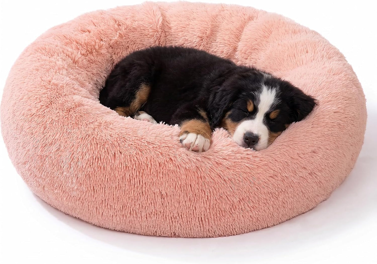 30 inches Calming Donut Dog Bed - 3X Durable Plush Faux Fur, Machine Washable & Non-Slip, Fits up to 45 lbs, Dark Grey