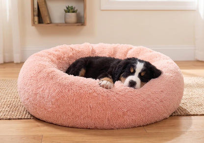 30 inches Calming Donut Dog Bed - 3X Durable Plush Faux Fur, Machine Washable & Non-Slip, Fits up to 45 lbs, Dark Grey