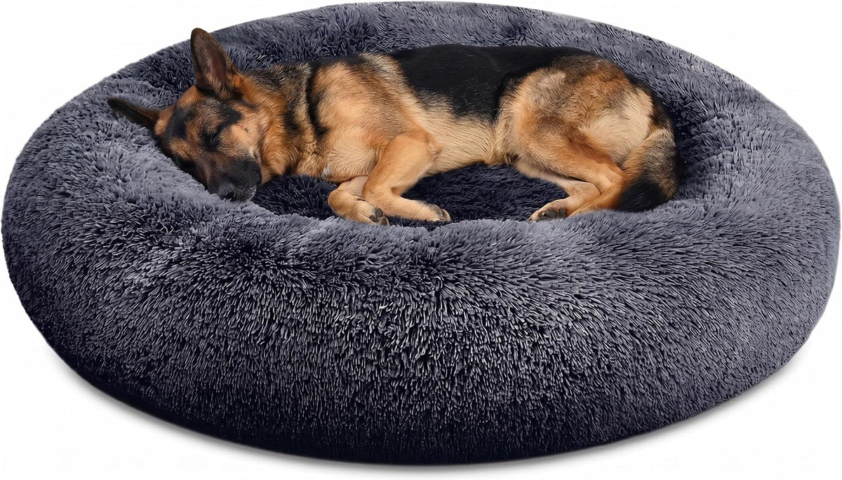 30 inches Calming Donut Dog Bed - 3X Durable Plush Faux Fur, Machine Washable & Non-Slip, Fits up to 45 lbs, Dark Grey