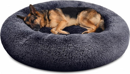 30 inches Calming Donut Dog Bed - 3X Durable Plush Faux Fur, Machine Washable & Non-Slip, Fits up to 45 lbs, Dark Grey
