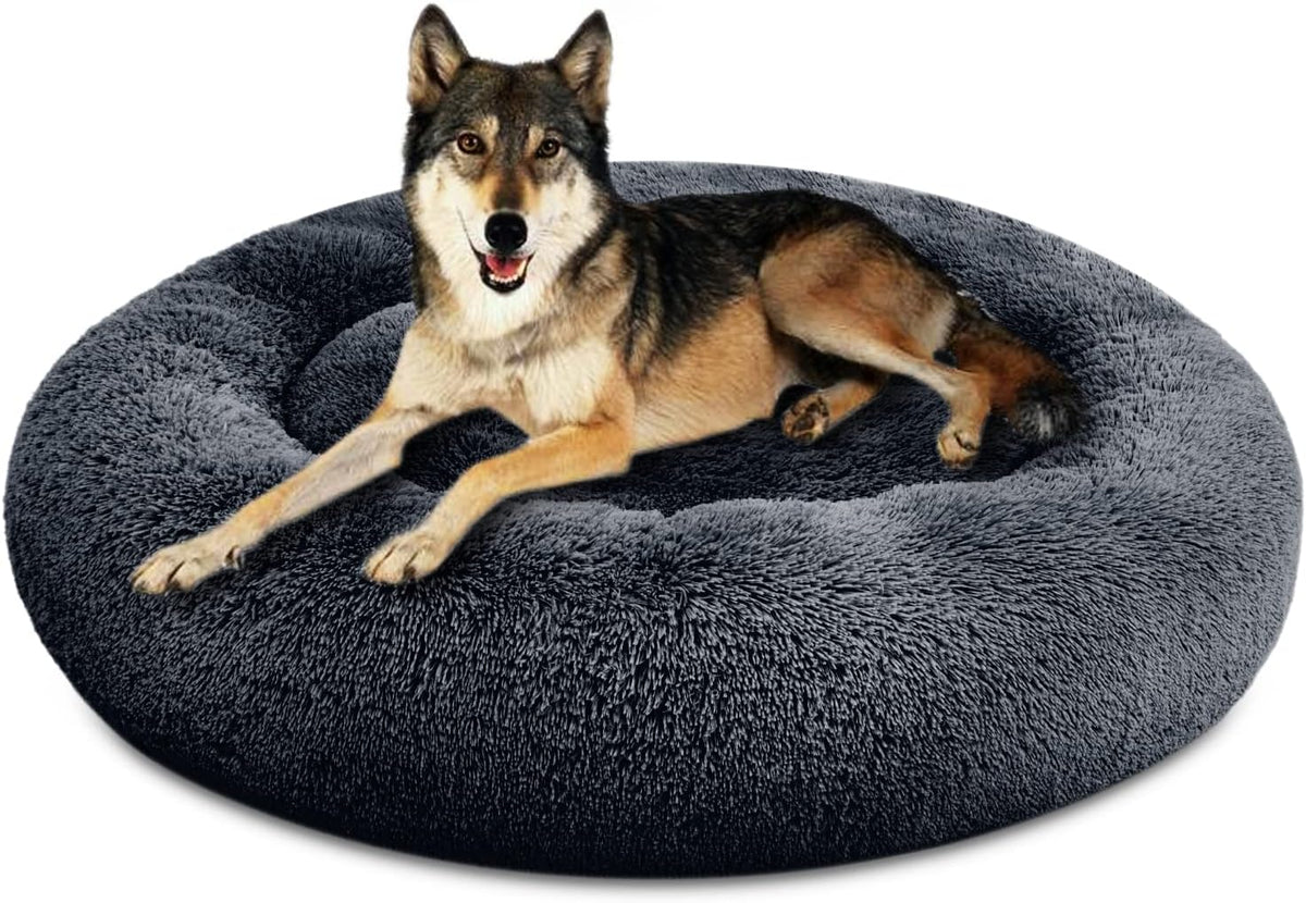 30 inches Calming Donut Dog Bed - 3X Durable Plush Faux Fur, Machine Washable & Non-Slip, Fits up to 45 lbs, Dark Grey