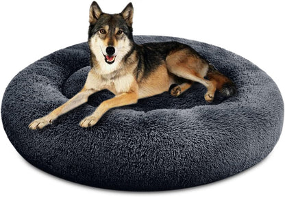 30 inches Calming Donut Dog Bed - 3X Durable Plush Faux Fur, Machine Washable & Non-Slip, Fits up to 45 lbs, Dark Grey