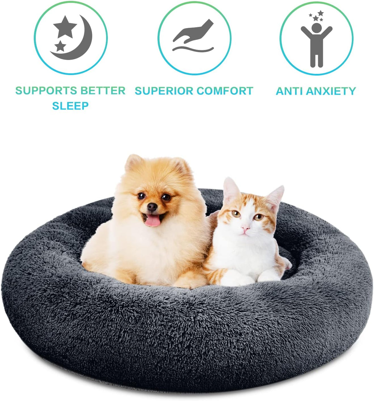 30 inches Calming Donut Dog Bed - 3X Durable Plush Faux Fur, Machine Washable & Non-Slip, Fits up to 45 lbs, Dark Grey