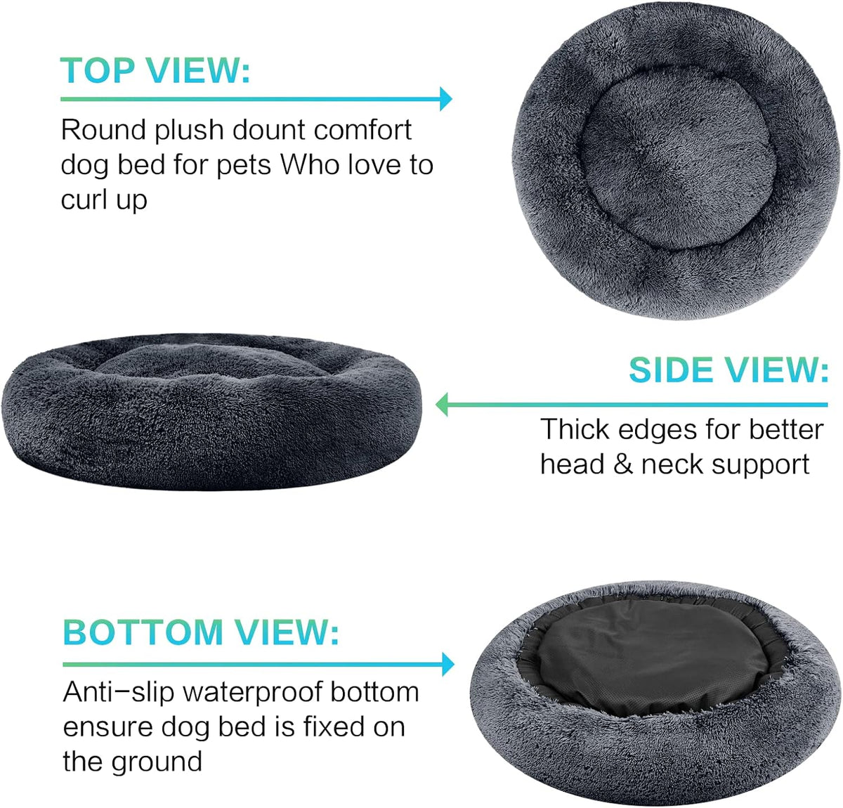 30 inches Calming Donut Dog Bed - 3X Durable Plush Faux Fur, Machine Washable & Non-Slip, Fits up to 45 lbs, Dark Grey
