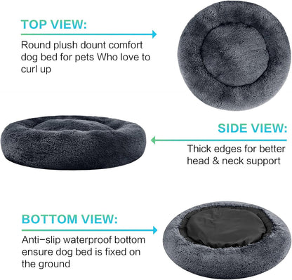 30 inches Calming Donut Dog Bed - 3X Durable Plush Faux Fur, Machine Washable & Non-Slip, Fits up to 45 lbs, Dark Grey