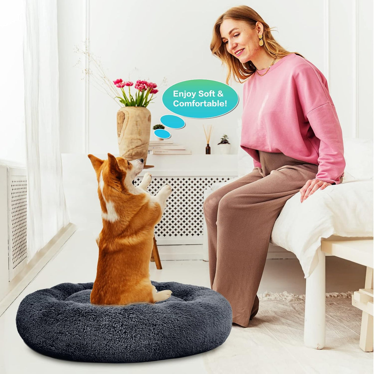 30 inches Calming Donut Dog Bed - 3X Durable Plush Faux Fur, Machine Washable & Non-Slip, Fits up to 45 lbs, Dark Grey