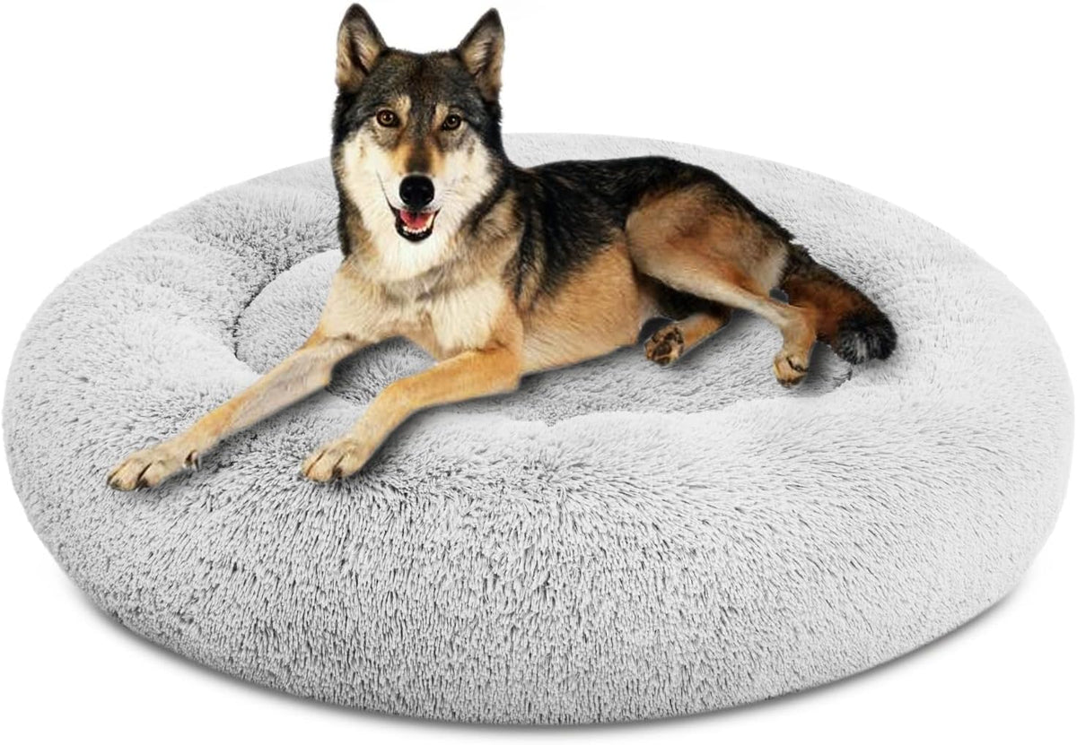 30 inches Calming Donut Dog Bed - 3X Durable Plush Faux Fur, Machine Washable & Non-Slip, Fits up to 45 lbs, Dark Grey