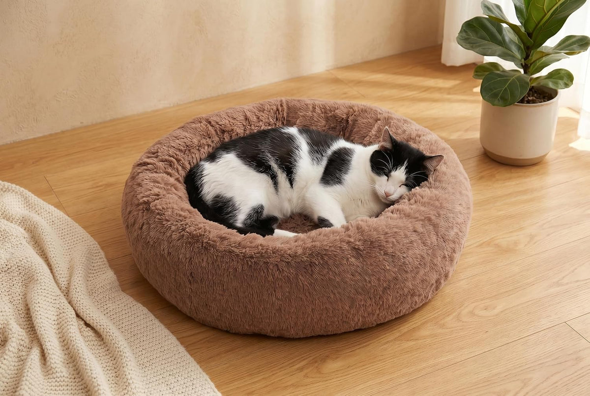 30 inches Calming Donut Dog Bed - 3X Durable Plush Faux Fur, Machine Washable & Non-Slip, Fits up to 45 lbs, Dark Grey