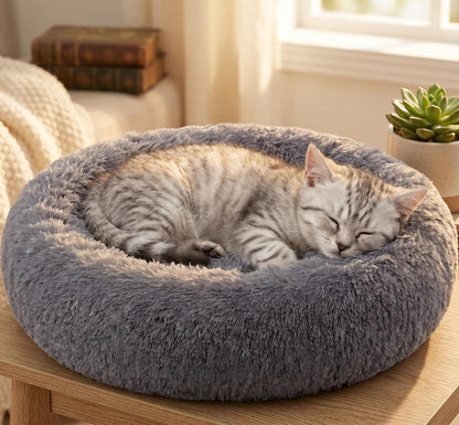 30 inches Calming Donut Dog Bed - 3X Durable Plush Faux Fur, Machine Washable & Non-Slip, Fits up to 45 lbs, Dark Grey