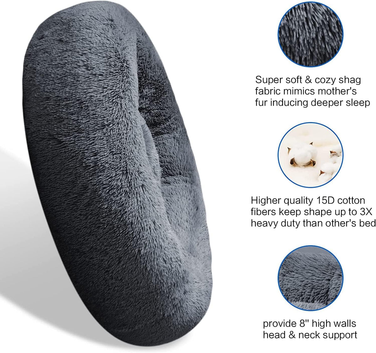 30 inches Calming Donut Dog Bed - 3X Durable Plush Faux Fur, Machine Washable & Non-Slip, Fits up to 45 lbs, Dark Grey