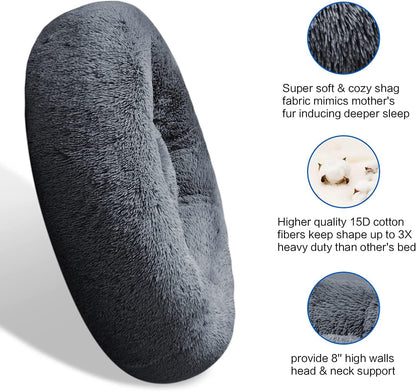 30 inches Calming Donut Dog Bed - 3X Durable Plush Faux Fur, Machine Washable & Non-Slip, Fits up to 45 lbs, Dark Grey