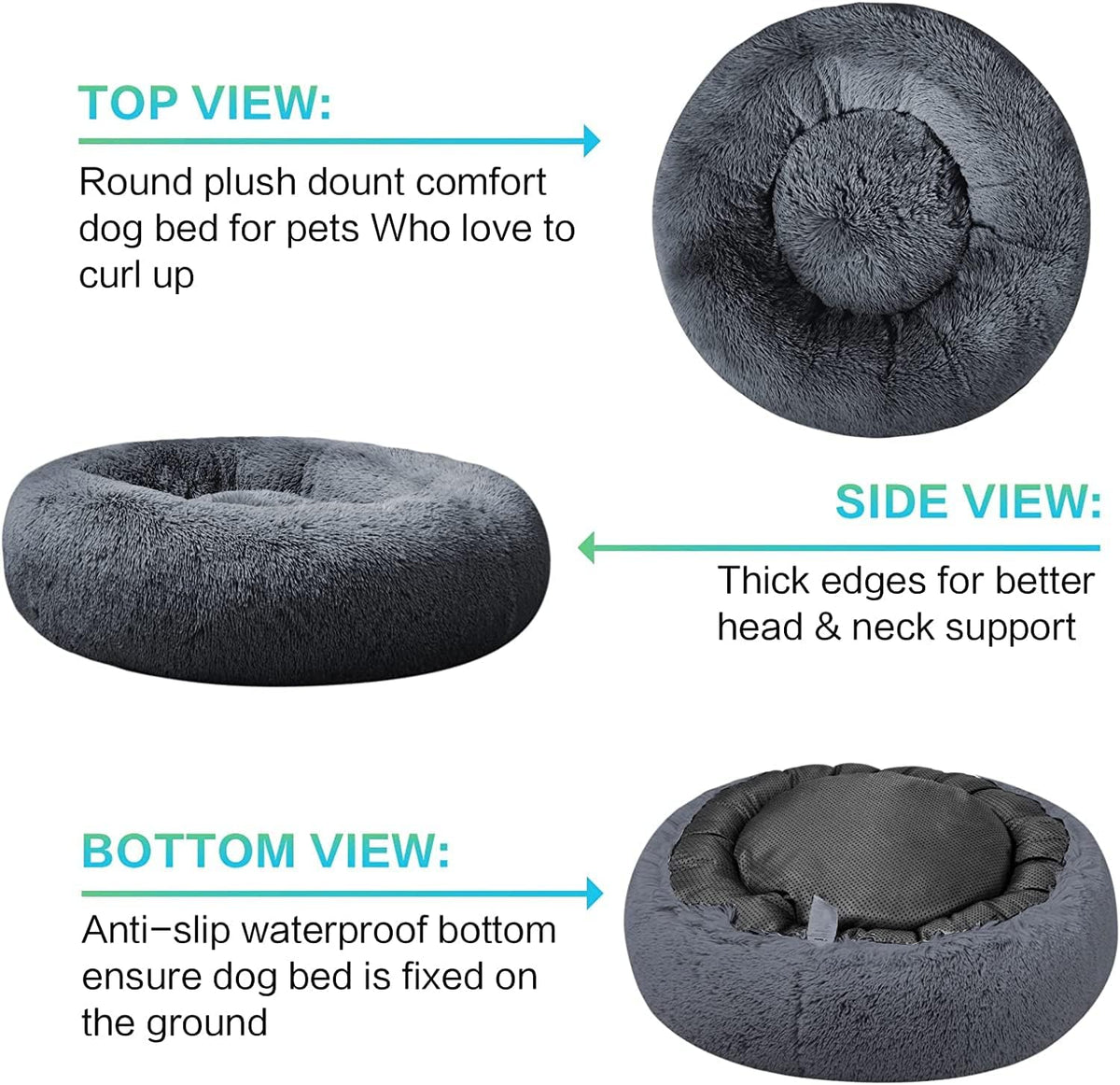 30 inches Calming Donut Dog Bed - 3X Durable Plush Faux Fur, Machine Washable & Non-Slip, Fits up to 45 lbs, Dark Grey