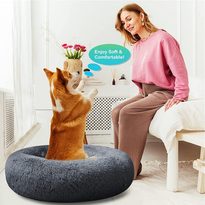 30 inches Calming Donut Dog Bed - 3X Durable Plush Faux Fur, Machine Washable & Non-Slip, Fits up to 45 lbs, Dark Grey