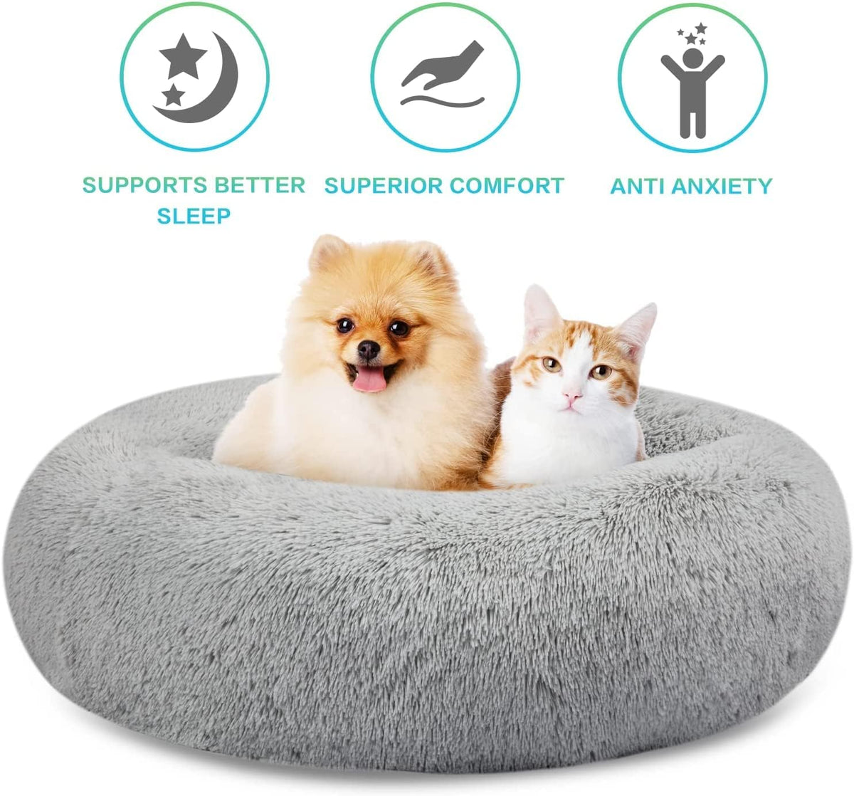 30 inches Calming Donut Dog Bed - 3X Durable Plush Faux Fur, Machine Washable & Non-Slip, Fits up to 45 lbs, Dark Grey