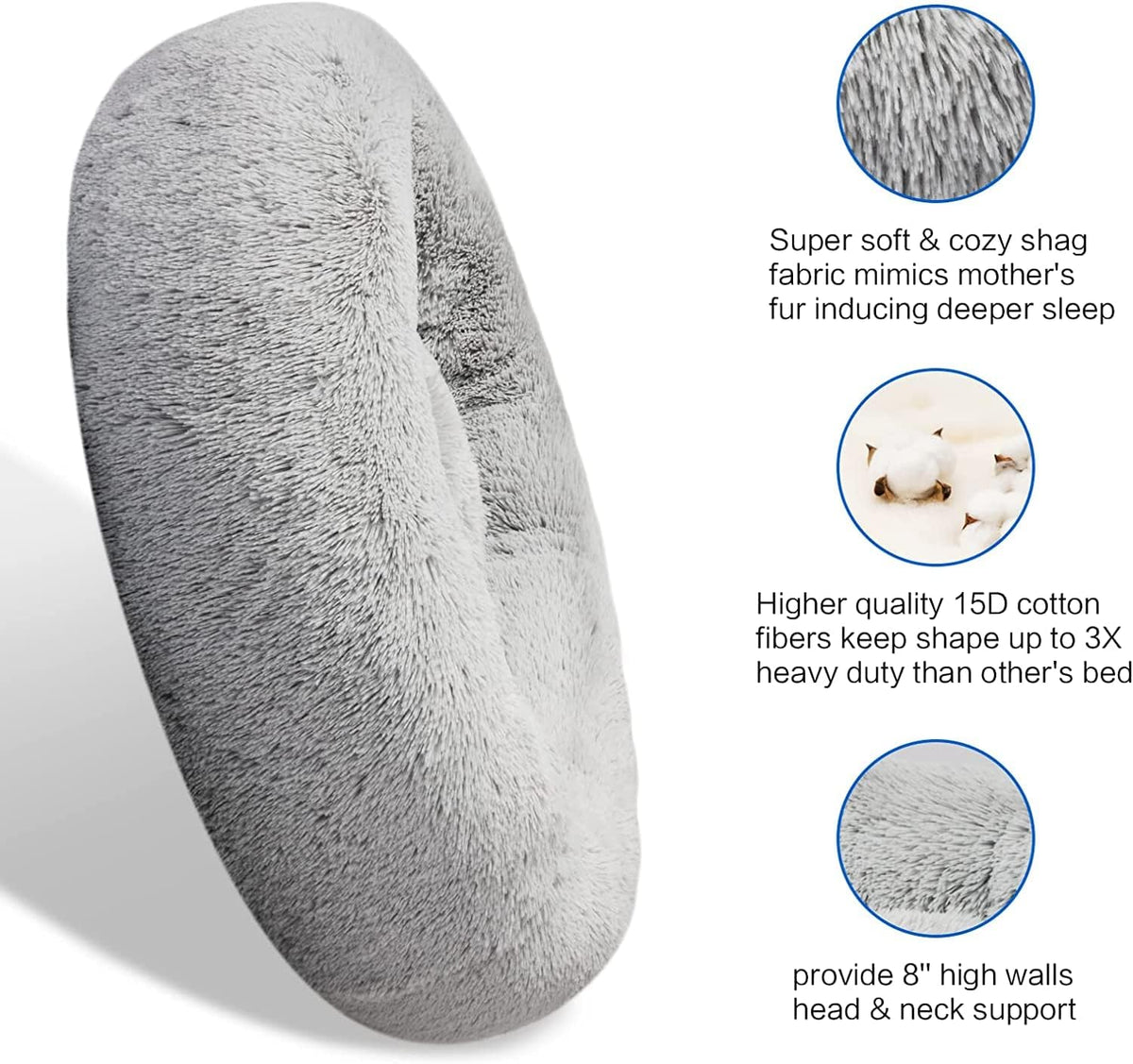 30 inches Calming Donut Dog Bed - 3X Durable Plush Faux Fur, Machine Washable & Non-Slip, Fits up to 45 lbs, Dark Grey