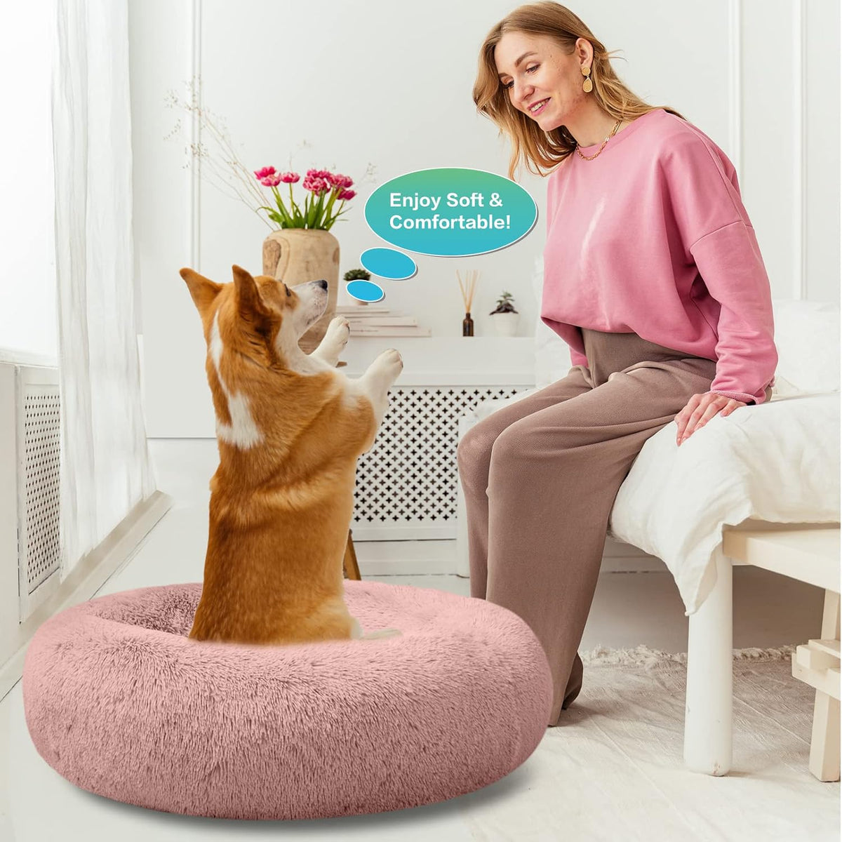 30 inches Calming Donut Dog Bed - 3X Durable Plush Faux Fur, Machine Washable & Non-Slip, Fits up to 45 lbs, Dark Grey