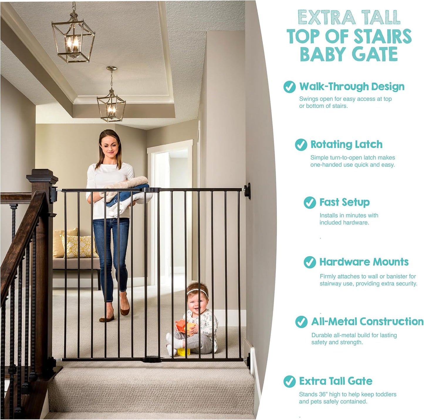 2-in-1 Extra Tall Easy Swing Stairway and Hallway Walk Through Baby Gate, White, 24" - 40.5" Wide