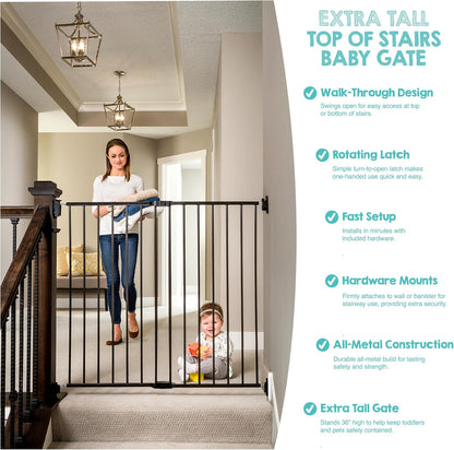 2-in-1 Extra Tall Easy Swing Stairway and Hallway Walk Through Baby Gate, White, 24" - 40.5" Wide