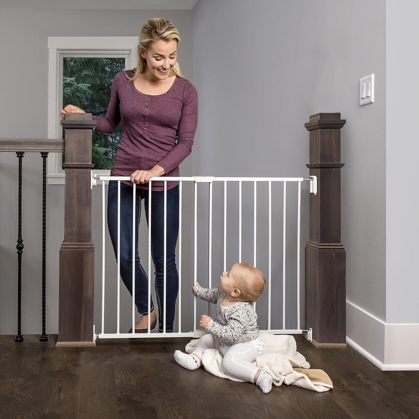 2-in-1 Extra Tall Easy Swing Stairway and Hallway Walk Through Baby Gate, White, 24" - 40.5" Wide