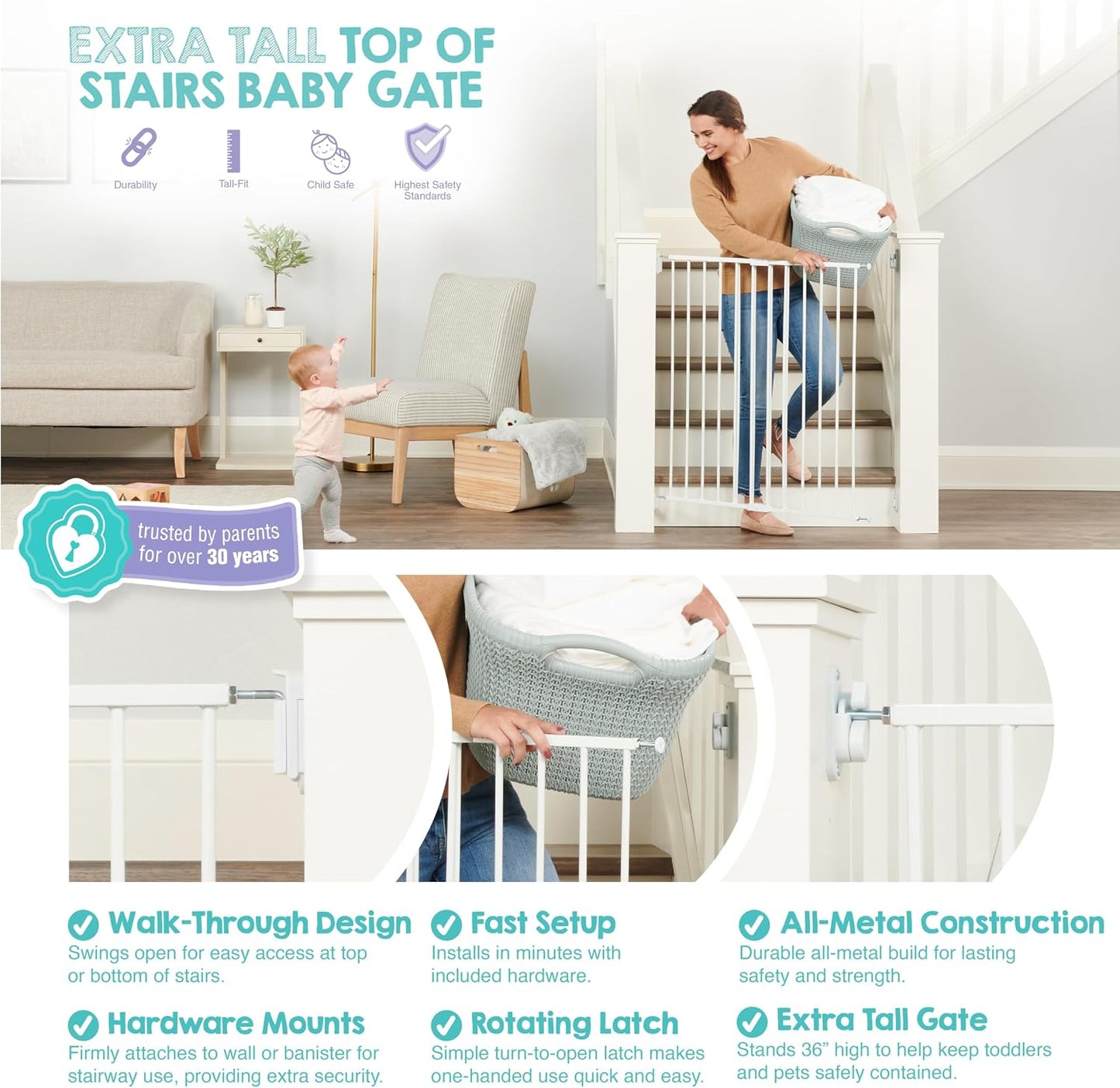 2-in-1 Extra Tall Easy Swing Stairway and Hallway Walk Through Baby Gate, White, 24" - 40.5" Wide