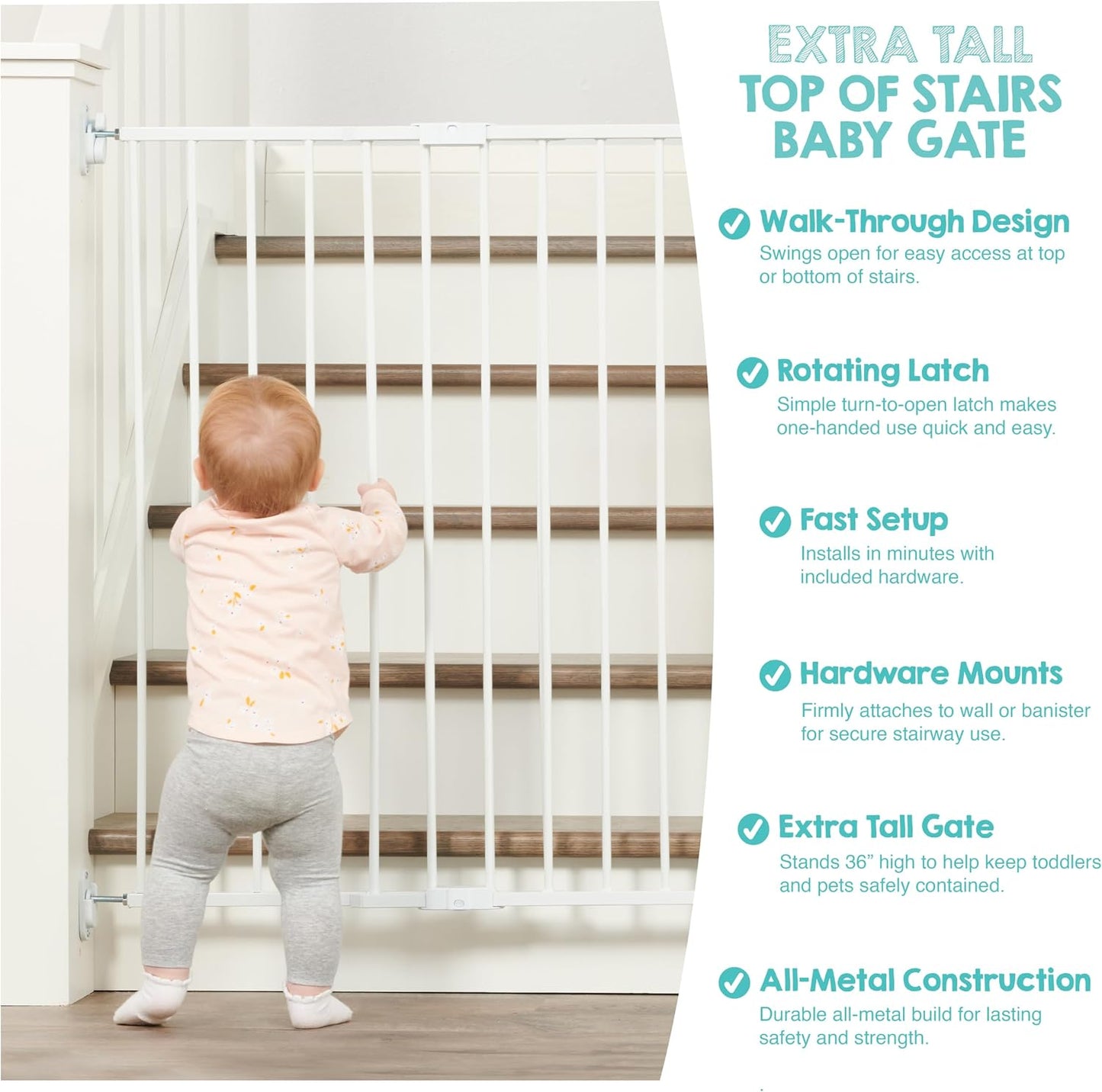 2-in-1 Extra Tall Easy Swing Stairway and Hallway Walk Through Baby Gate, White, 24" - 40.5" Wide