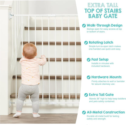 2-in-1 Extra Tall Easy Swing Stairway and Hallway Walk Through Baby Gate, White, 24" - 40.5" Wide