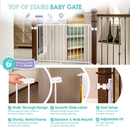 2-in-1 Extra Tall Easy Swing Stairway and Hallway Walk Through Baby Gate, White, 24" - 40.5" Wide