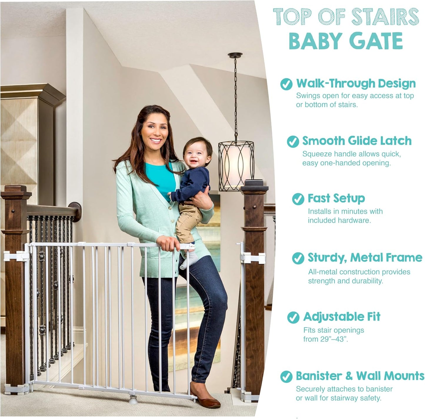 2-in-1 Extra Tall Easy Swing Stairway and Hallway Walk Through Baby Gate, White, 24" - 40.5" Wide