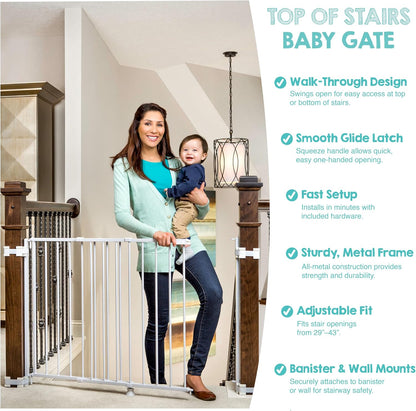 2-in-1 Extra Tall Easy Swing Stairway and Hallway Walk Through Baby Gate, White, 24" - 40.5" Wide