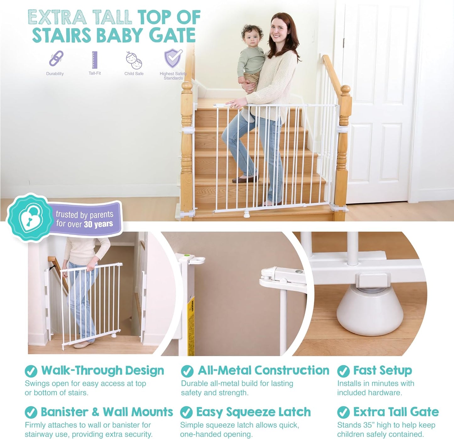 2-in-1 Extra Tall Easy Swing Stairway and Hallway Walk Through Baby Gate, White, 24" - 40.5" Wide