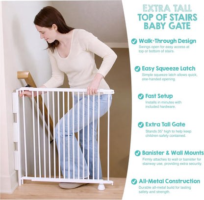 2-in-1 Extra Tall Easy Swing Stairway and Hallway Walk Through Baby Gate, White, 24" - 40.5" Wide