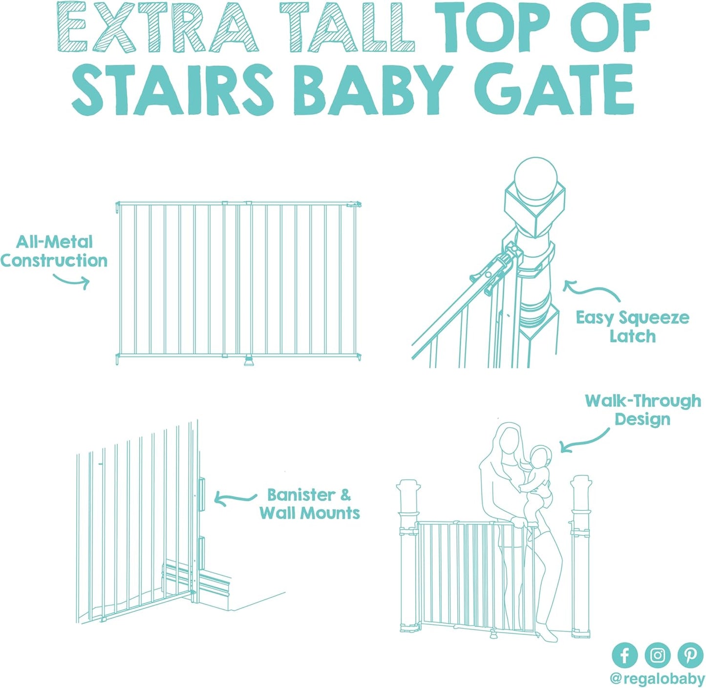 2-in-1 Extra Tall Easy Swing Stairway and Hallway Walk Through Baby Gate, White, 24" - 40.5" Wide