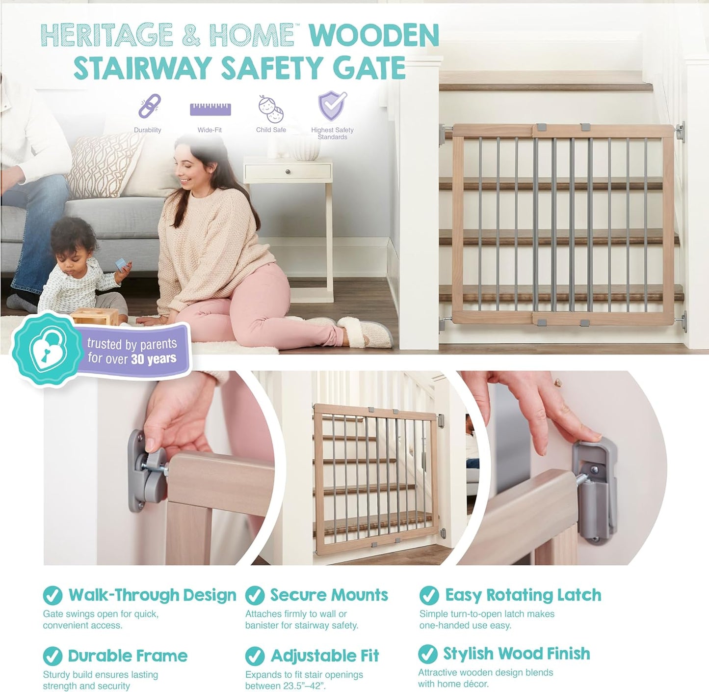 2-in-1 Extra Tall Easy Swing Stairway and Hallway Walk Through Baby Gate, White, 24" - 40.5" Wide