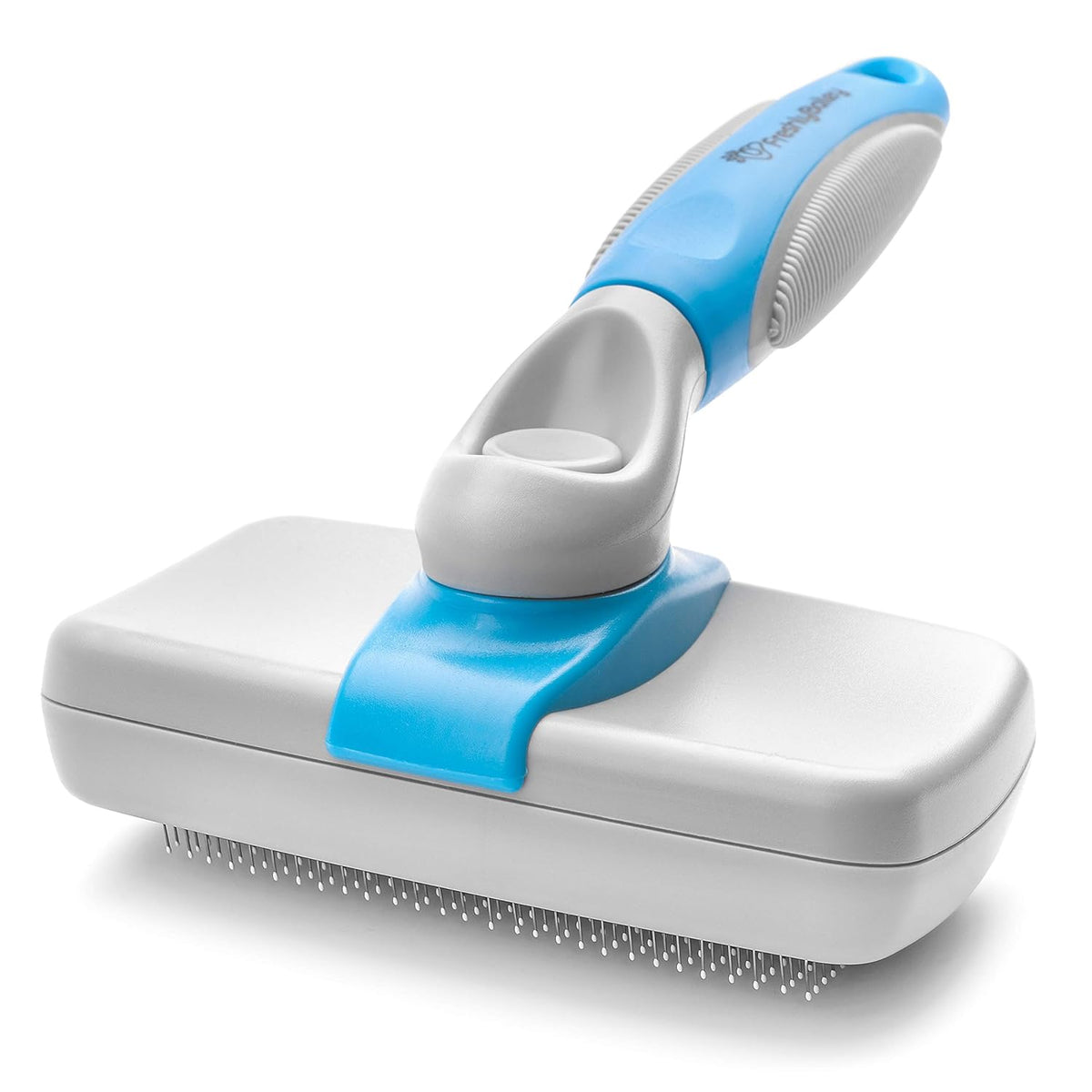 Self Cleaning Slicker Brush for Dogs and Cats - Hair Brush for Medium to Long-haired Pets - Effective, Comfortable, and Easy to Clean - White and Blue | Pet hair brush for medium- to long-haired dogs and cats; easy to clean. White and blue.