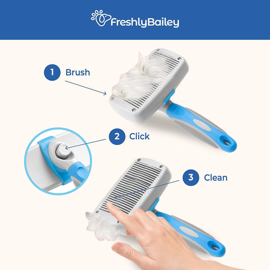 Self Cleaning Slicker Brush for Dogs and Cats - Hair Brush for Medium to Long-haired Pets - Effective, Comfortable, and Easy to Clean - White and Blue | Pet hair brush for medium- to long-haired dogs and cats; easy to clean. White and blue.