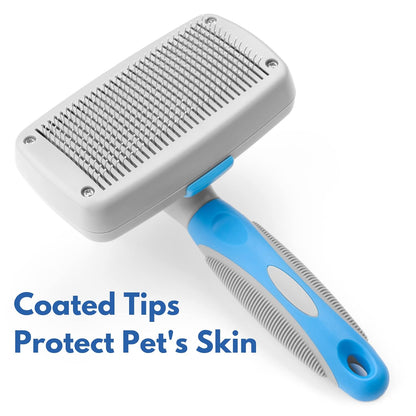Self Cleaning Slicker Brush for Dogs and Cats - Hair Brush for Medium to Long-haired Pets - Effective, Comfortable, and Easy to Clean - White and Blue | Pet hair brush for medium- to long-haired dogs and cats; easy to clean. White and blue.