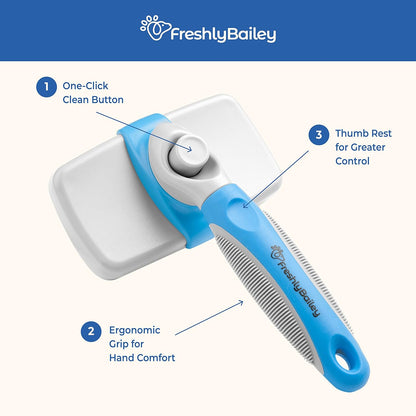 Self Cleaning Slicker Brush for Dogs and Cats - Hair Brush for Medium to Long-haired Pets - Effective, Comfortable, and Easy to Clean - White and Blue | Pet hair brush for medium- to long-haired dogs and cats; easy to clean. White and blue.