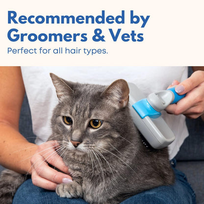 Self Cleaning Slicker Brush for Dogs and Cats - Hair Brush for Medium to Long-haired Pets - Effective, Comfortable, and Easy to Clean - White and Blue | Pet hair brush for medium- to long-haired dogs and cats; easy to clean. White and blue.