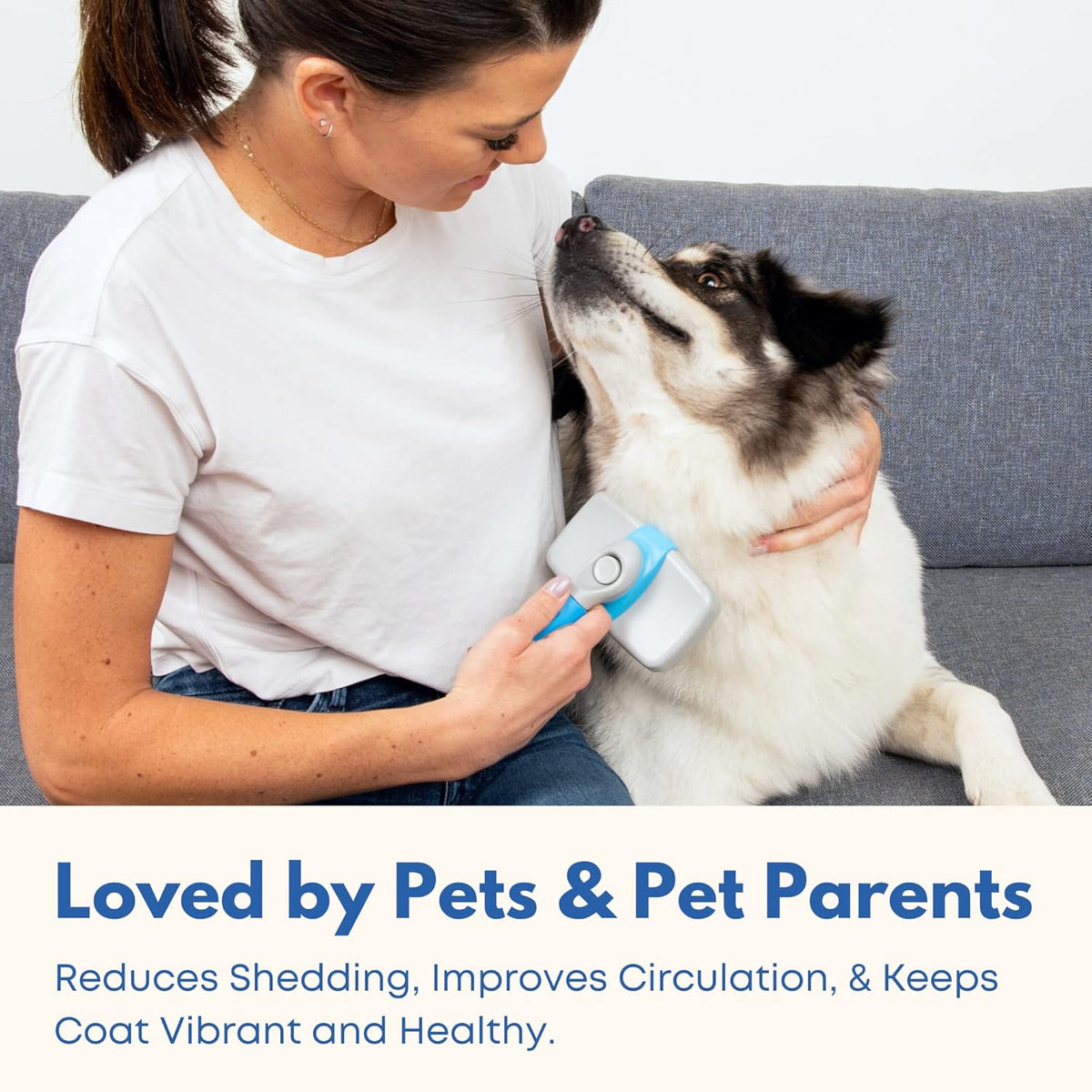 Self Cleaning Slicker Brush for Dogs and Cats - Hair Brush for Medium to Long-haired Pets - Effective, Comfortable, and Easy to Clean - White and Blue | Pet hair brush for medium- to long-haired dogs and cats; easy to clean. White and blue.