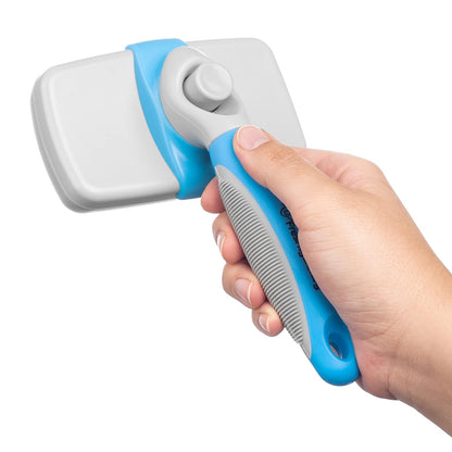 Self Cleaning Slicker Brush for Dogs and Cats - Hair Brush for Medium to Long-haired Pets - Effective, Comfortable, and Easy to Clean - White and Blue | Pet hair brush for medium- to long-haired dogs and cats; easy to clean. White and blue.