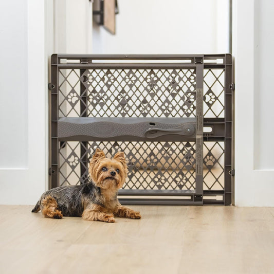 MYPET North States Paws Portable Pet Gate: 26-40" Wide. Pressure Mount. No Tools Needed. Made in USA. Dog Gate 23" Tall, Expandable, Durable Dog Gates for Doorways, Light Gray