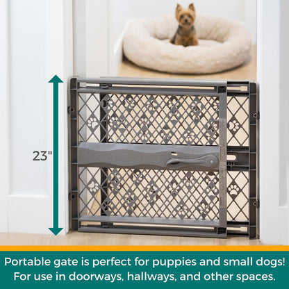 MYPET North States Paws Portable Pet Gate: 26-40" Wide. Pressure Mount. No Tools Needed. Made in USA. Dog Gate 23" Tall, Expandable, Durable Dog Gates for Doorways, Light Gray