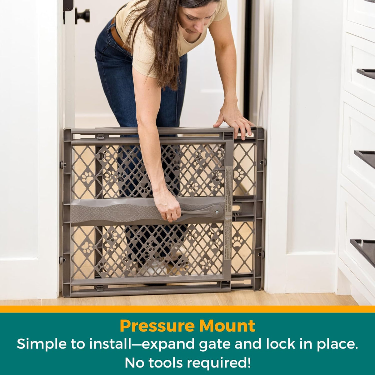 MYPET North States Paws Portable Pet Gate: 26-40" Wide. Pressure Mount. No Tools Needed. Made in USA. Dog Gate 23" Tall, Expandable, Durable Dog Gates for Doorways, Light Gray