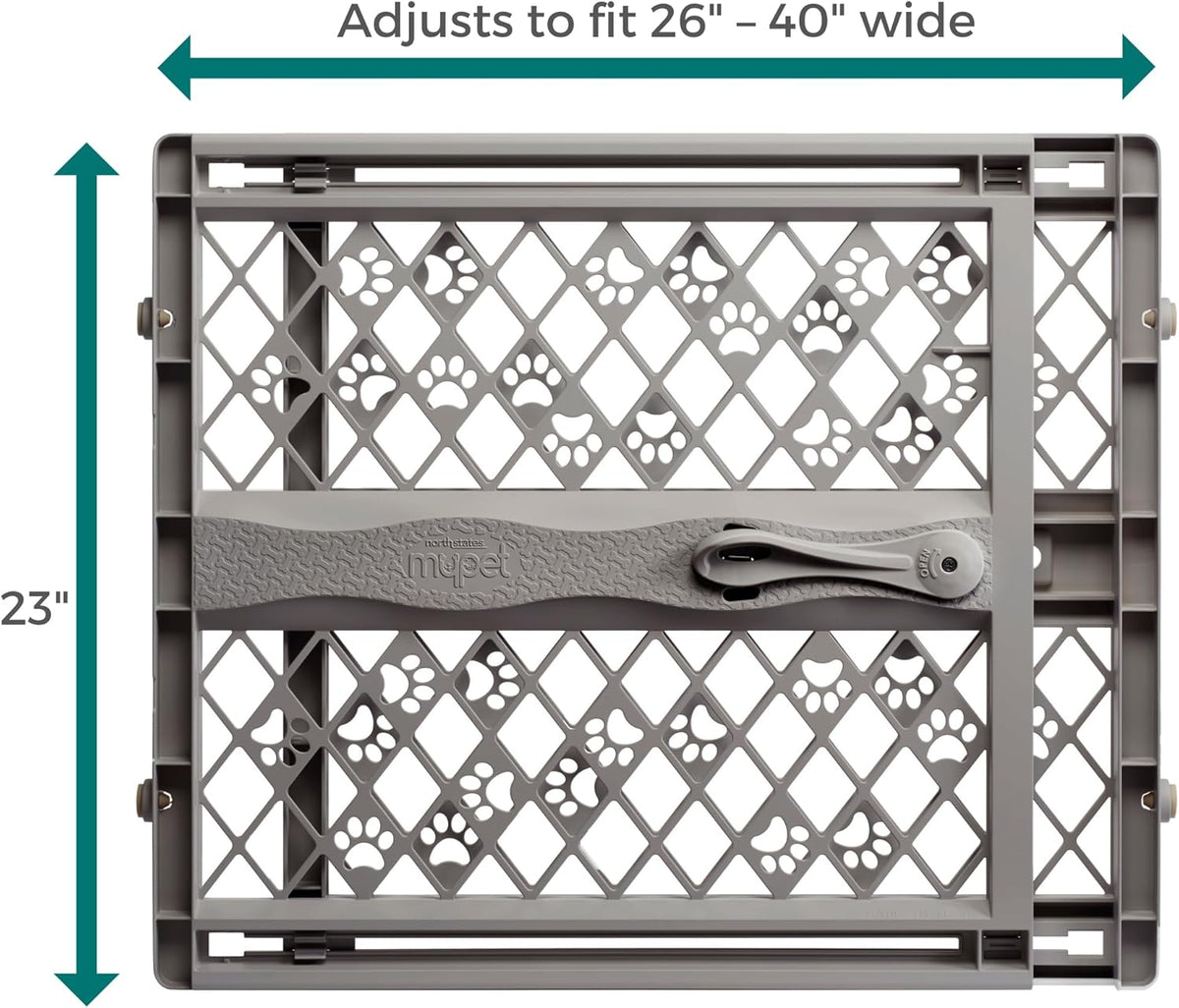 MYPET North States Paws Portable Pet Gate: 26-40" Wide. Pressure Mount. No Tools Needed. Made in USA. Dog Gate 23" Tall, Expandable, Durable Dog Gates for Doorways, Light Gray