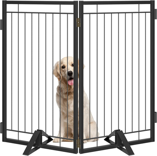 Full Metal Freestanding Dog Gate with Cat Door for Indoor & Outdoor,36" Tall Foldable Dog Fence,80" Extra Wide Free Standing Pet Gate for Large Openings,Stairs,Deck,Yard,Doorways(Black)