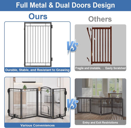 Full Metal Freestanding Dog Gate with Cat Door for Indoor & Outdoor,36" Tall Foldable Dog Fence,80" Extra Wide Free Standing Pet Gate for Large Openings,Stairs,Deck,Yard,Doorways(Black)