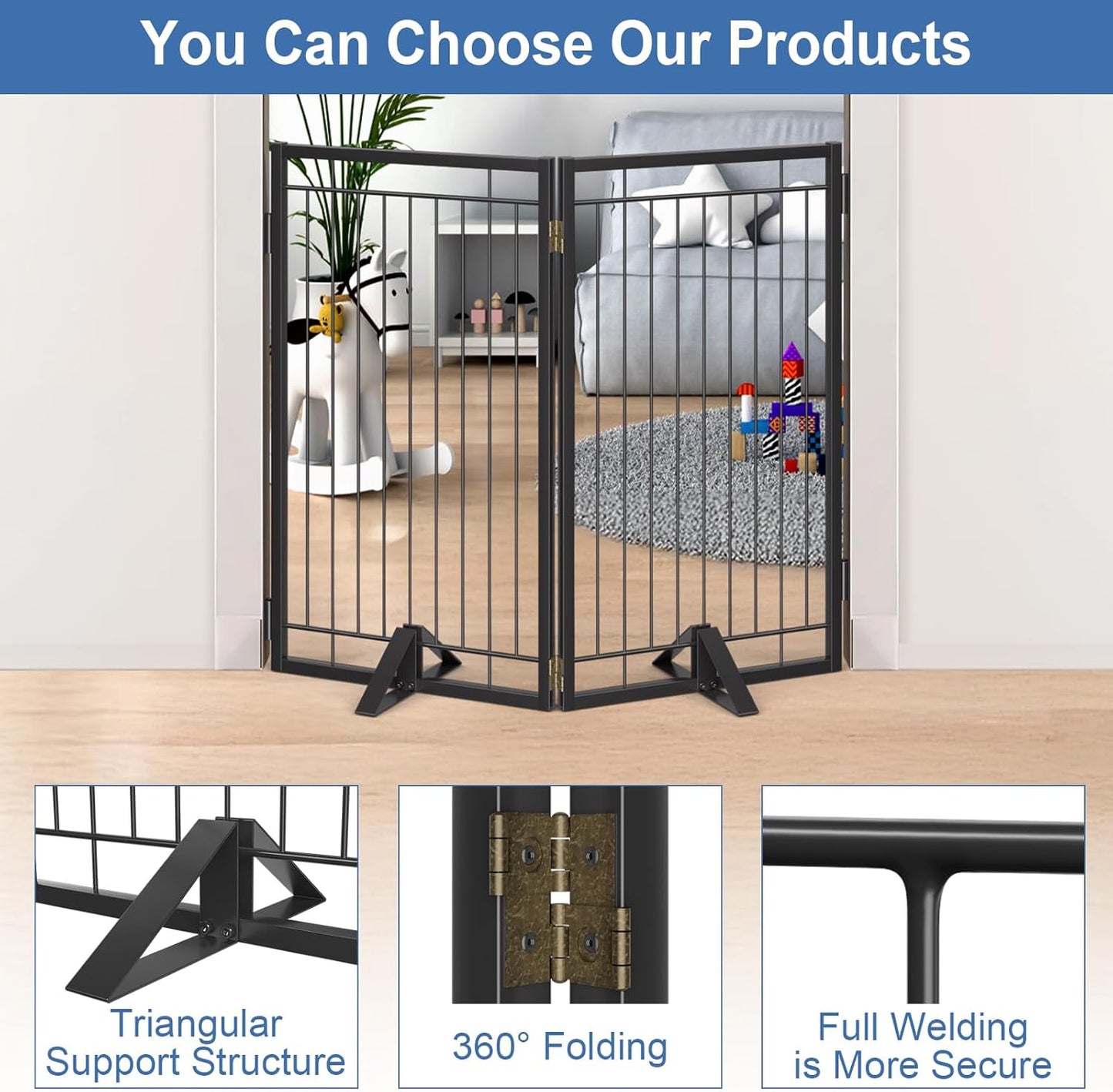 Full Metal Freestanding Dog Gate with Cat Door for Indoor & Outdoor,36" Tall Foldable Dog Fence,80" Extra Wide Free Standing Pet Gate for Large Openings,Stairs,Deck,Yard,Doorways(Black)
