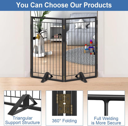 Full Metal Freestanding Dog Gate with Cat Door for Indoor & Outdoor,36" Tall Foldable Dog Fence,80" Extra Wide Free Standing Pet Gate for Large Openings,Stairs,Deck,Yard,Doorways(Black)